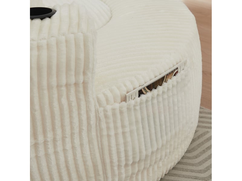  Fauteuil relax rond 1 place en velours côtelé beige avec 3 coussins, porte-gobelets et rangements latéraux  - Conforama D