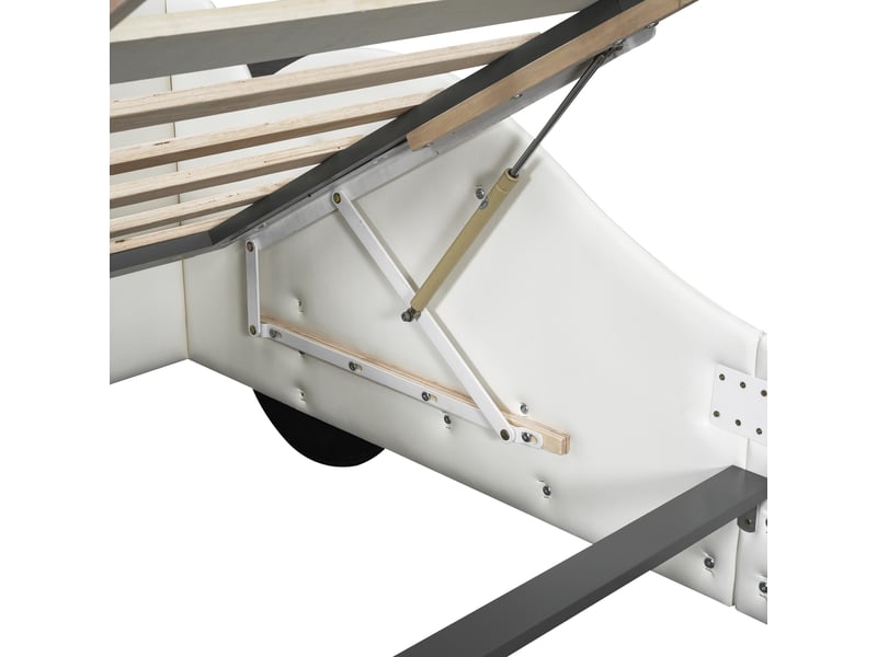  Lit voiture avec rangement 90 × 200 cm, pu et mdf, sommier relevable hydraulique, sans matelas, blanc et gris, 219 cm  - Conforama E