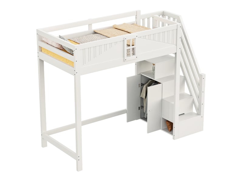 Lit mezzanine 90 x 200 cm blanc avec échelle réversible et rangement latéral - Conforama A