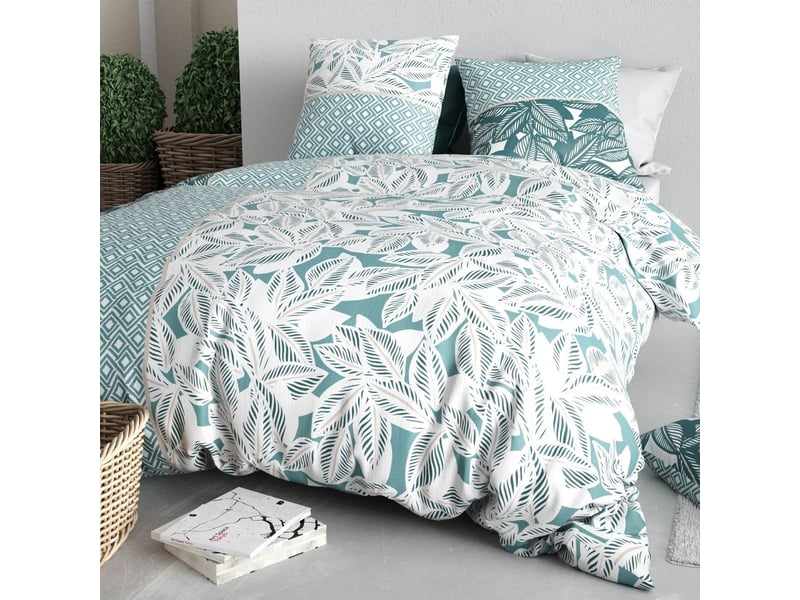  Parure housse de couette 260x240cm + 2 taies motif feuillage vert et blanc 100% coton - olize OLIZE - Conforama B