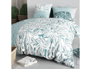 Parure housse de couette 260x240cm + 2 taies motif feuillage vert et blanc 100% coton - olize