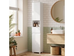 Colonne salle de bain design blanc laqué 2 portes 2 étagères tiroir niche