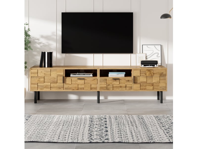  Meuble tv ulevr avec rangement 160 x 35 x 42,5 cm, 2 portes, 2 tiroirs, passe-câbles, panneau de particules naturel et noir  - Conforama E