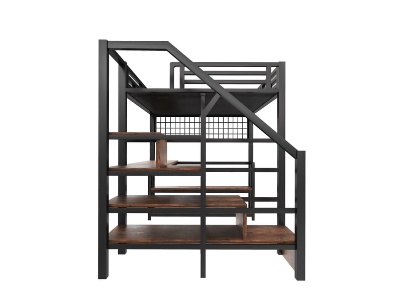  Lit mezzanine noir 140 × 200 cm, bureau, led, rangements, 2 usb, type-c et grille suspendue  - Conforama E