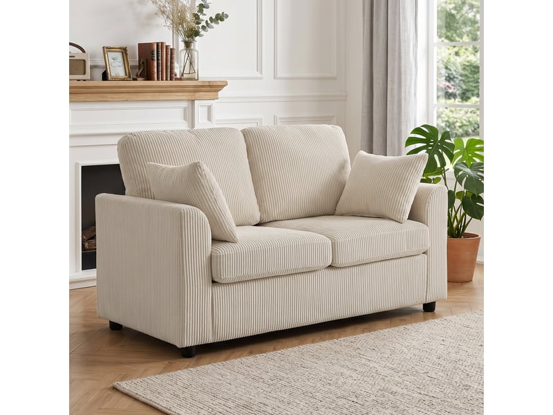  Canapé 2 places en velours côtelé, canapé de salon 144 cm avec assise large rembourrée, beige, 2 oreillers  - Conforama D