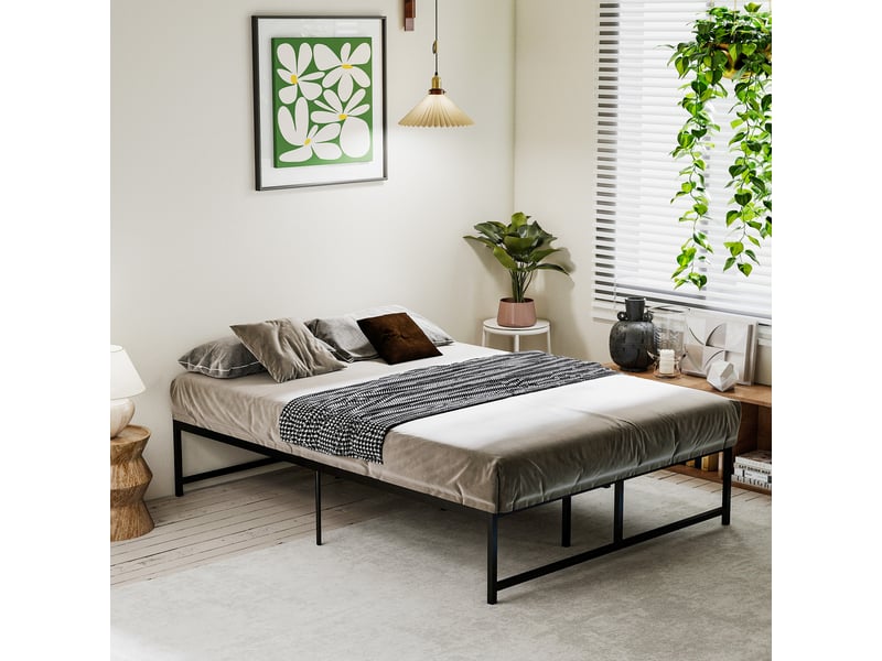 Cadre de lit double 135x190 en métal noir, structure stable avec espace de rangement sous le lit - Conforama C