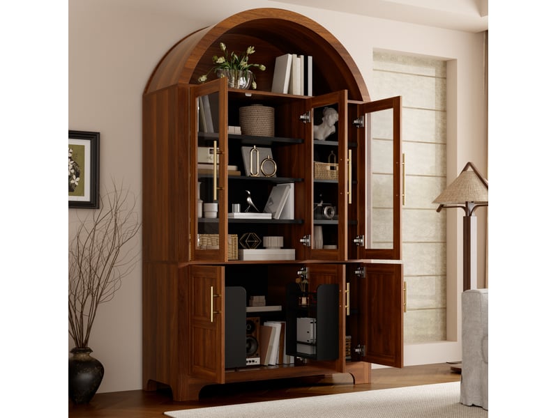  Buffet haut de rangement moderne 110x40x185 cm, niche ouverte en arche, 3 portes vitrées et 3 portes, mdf, noyer  - Conforama D