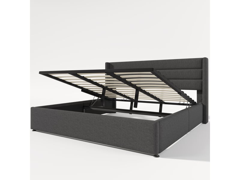 Lit coffre 180x200 cm rembourré en lin avec sommier à lattes et rangement hydraulique, gris Fay Lum - Conforama A