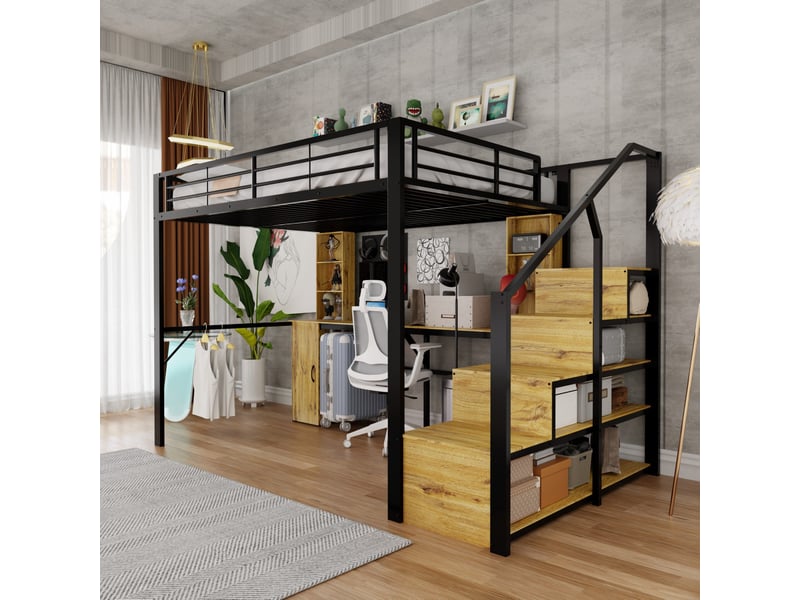 Lit mezzanine 140 × 200 cm avec bureau, armoire, rangements et escalier, prise usb, métal et bois noir pour chambre - Conforama D