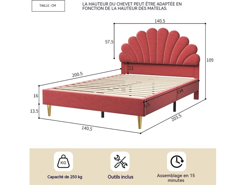  Lit enfant 140x200 cm cadre rembourré en velours, tête de lit design pétale, pieds métalliques dorés, structure stable charge 150kg  - Conforama E