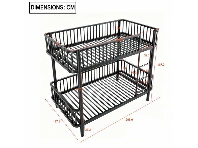 Lit superposé gain de place en métal 90 x 200 cm noir - coins arrondis et barrières de sécurité - Conforama C