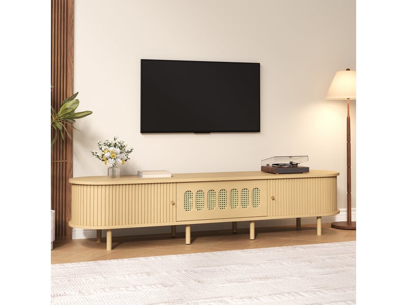 Meuble tv 180 cm pour écran jusqu’à 75 pouces, 2 portes à rideau, 1 porte abattante effet rotin, 5 rangements fermés, mdf effet bois naturel - Conforama C