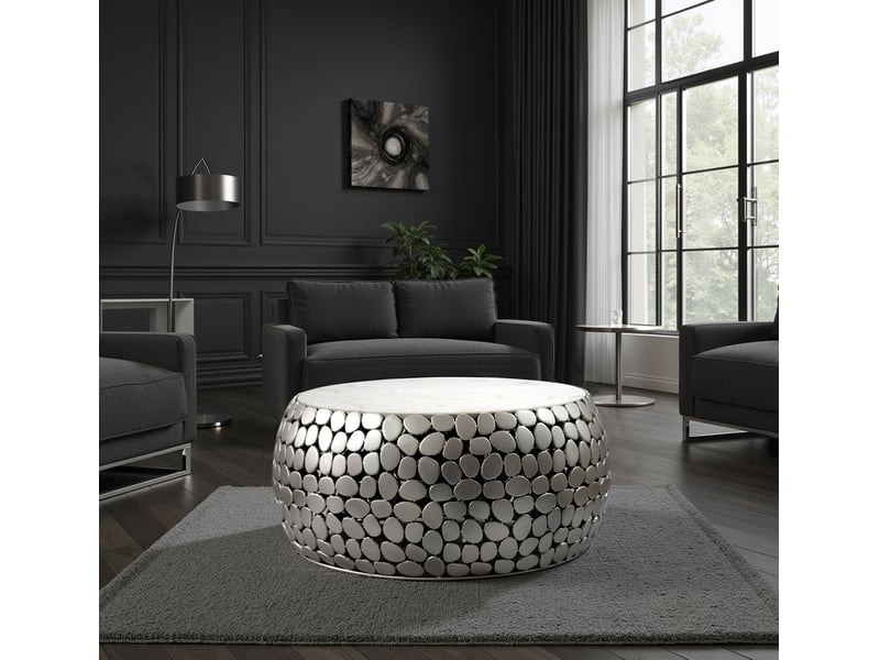 Finebuy table basse design ronde 66 cm en aluminium et plateau en marbre blanc argente - table de salon alu - table de canapé métal - table d'appoint salon - fait main  - Conforama C