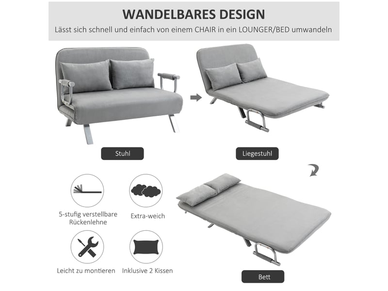 Canapé convertible 2 places avec dossier réglable à 5 positions, coussins et structure métallique en polyester gris clair - Conforama E