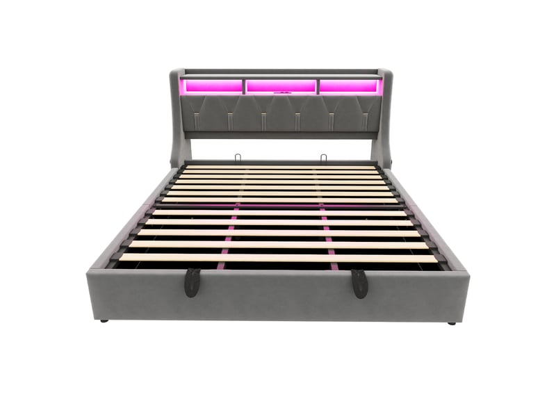  Lit double coffre 180x200 cm - lit coffre avec rangement hydraulique - tête de lit led, usb &amp; type-c - gris  - Conforama R