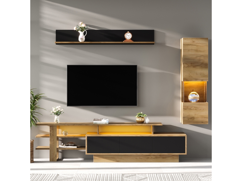  Ensemble meuble tv mural 3 pièces rayofi - 1 meuble tv 180x40x45 cm, 1 vitrine 30x30x100 cm, 1 étagère murale 120x13,5x18 cm, éclairage led usb, finition bois naturel et noir, 3 tiroirs, pour tv jusqu'à 80 pouces N625P295433Z - Conforama B