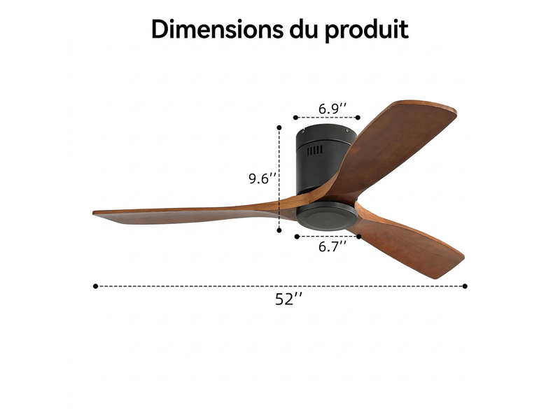  Ventilateur de plafond 132 cm sans lumière, moteur dc silencieux réversible avec télécommande, 3 pales en bois noyer pour salon  - Conforama D