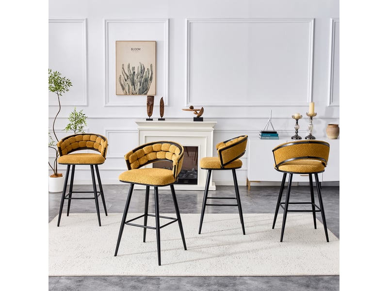 Tabourets de bar lot de 4 avec dossier tressé et repose-pieds - lpospi - pieds en métal, velours jaune et noir - Conforama C