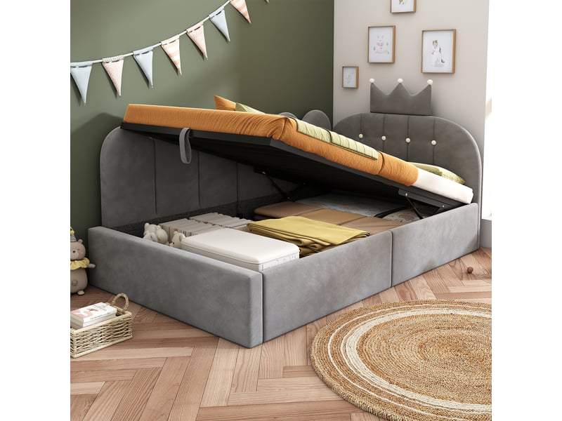  Canapé-lit rembourré 90 x 190 cm, avec espace de rangement, en l, orné d'un motif en treillis en forme de couronne, en velours,  gris  - Conforama E