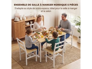 Ensemble table salle à manger avec 4 chaises, chaises à dossier à lattes, table rectangulaire 108 cm, chêne et blanc