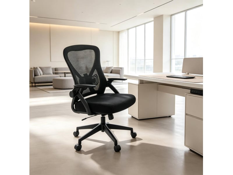  Chaise de bureau ergonomique pivotante avec dossier inclinable et accoudoirs rabattables en maille noire  - Conforama B