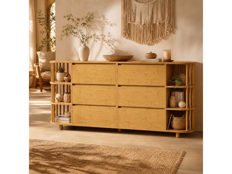  Buffet 160x40x75 cm avec 6 tiroirs et étagères ouvertes en bambou et mdf coloris chêne  - Conforama C