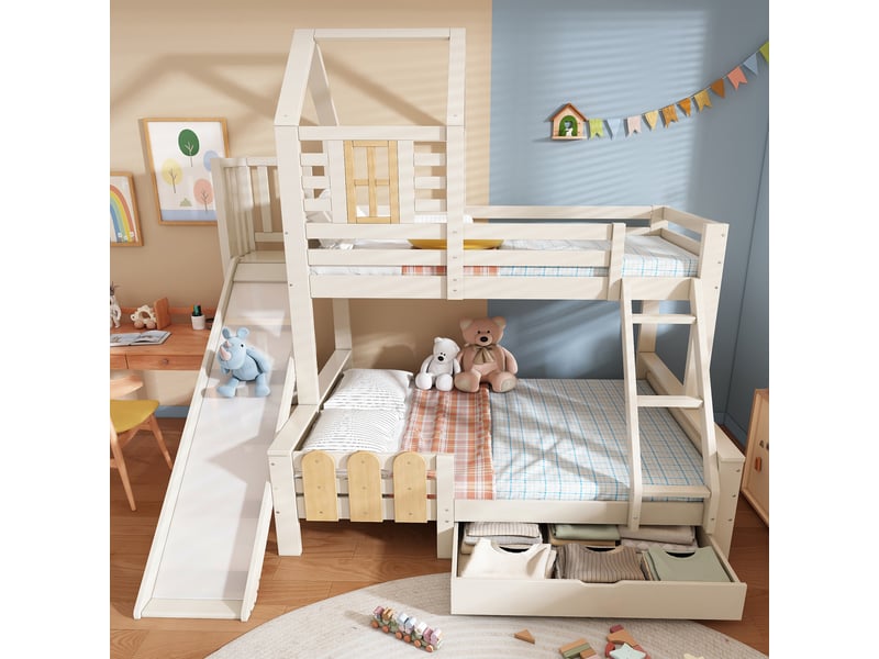  Lit superposé cabane 90140x200 cm avec toboggan et tiroir, blanc et bois IKSETERA TRADING LTD - Conforama D