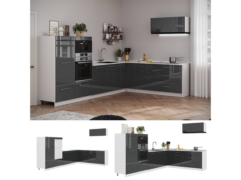  Vicco cuisine en angle, anthracite haute brillanceblanc, 327x60cm, pt marbre  - Conforama D