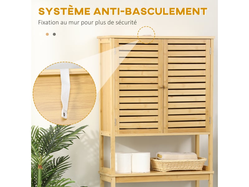  Étagère de toilettes meuble de salle de bain dessus toilette wc avec placard 2 portes et ouverte étagère 60 x 23 x 173 cm bambou  - Conforama E