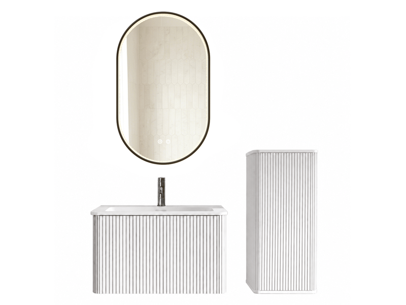 Meuble de salle de bains suspendu 81 cm blanc avec vasque, colonne et miroir led antibuée réglable - Conforama A