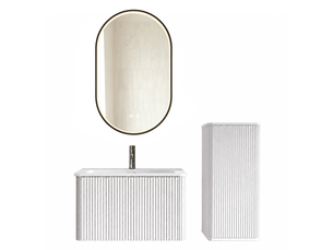 Meuble de salle de bains suspendu 81 cm blanc avec vasque, colonne et miroir led antibuée réglable