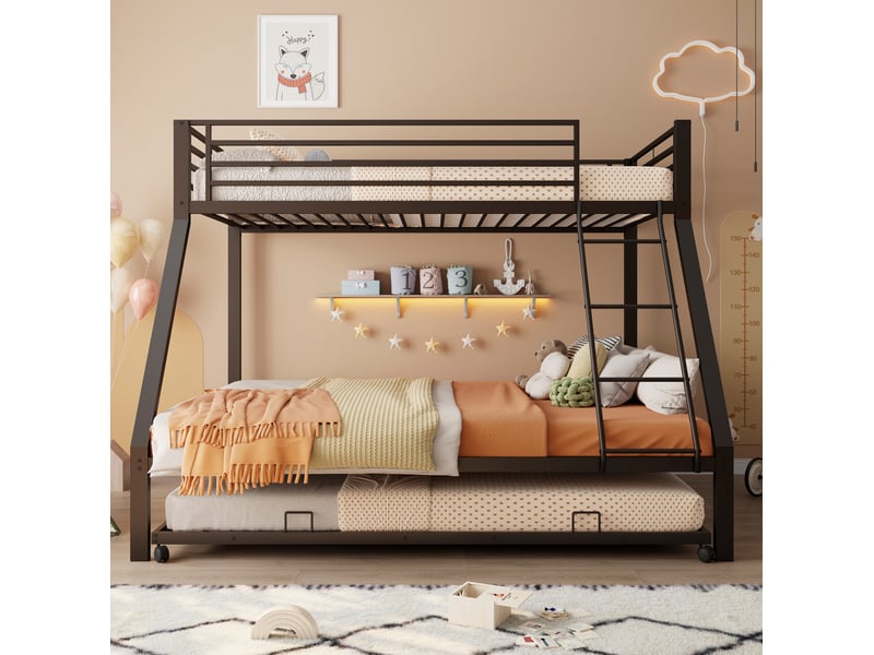  Lit superposé gigogne fermé 204,5x146x160 cm, 3 couchages, échelle inclinée, garde-corps anti-chute, fer noir, sans matelas  - Conforama D