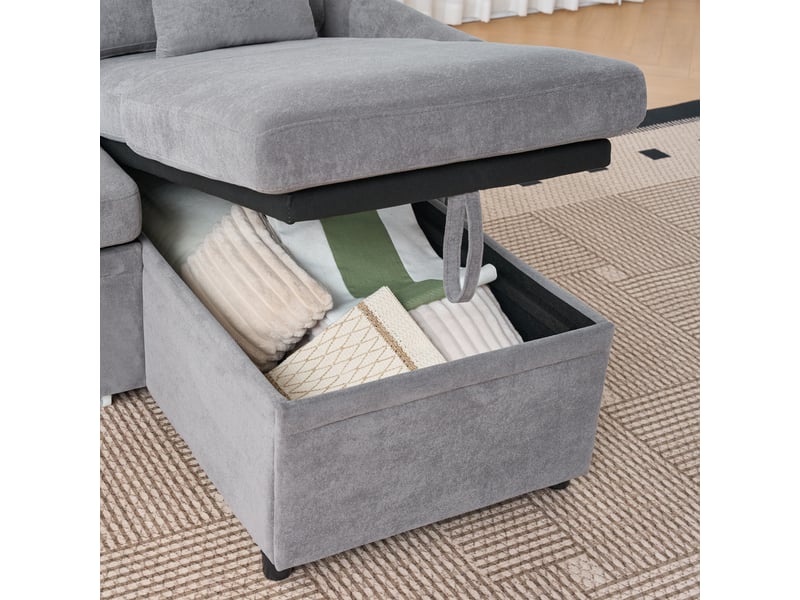 Canapé panoramique convertible en u 4 places 266x130x85 cm, couchage 240x124 cm, 2 coffres, assise profonde 109 cm, chenille gris - Conforama E