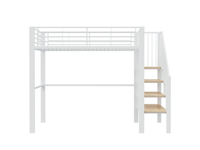  Lit mezzanine 140x200 avec espace de rangement sous le lit et escalier sécurisé, structure en métal pour enfants et adultes, blanc.  - Conforama A
