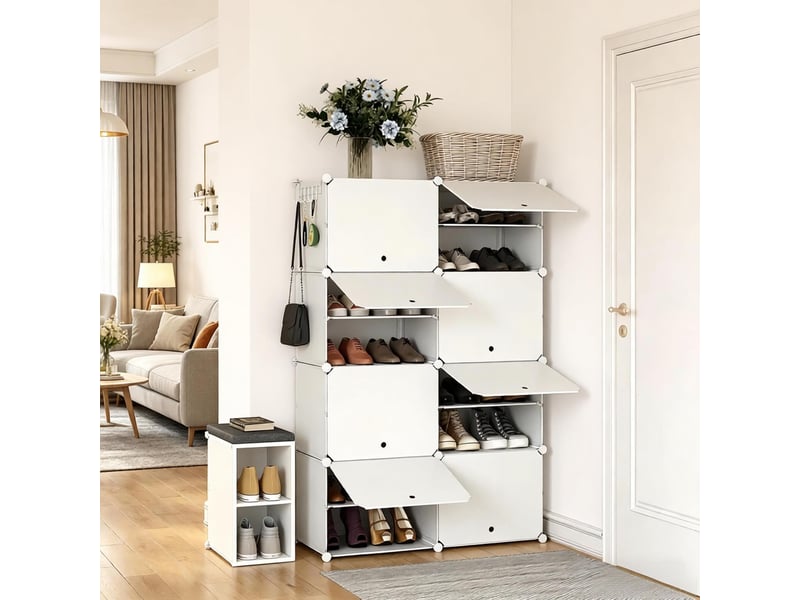 Meuble à chaussures modulable 32 paires avec 8 compartiments - lpospi - crochets latéraux, pp métal abs blanc - Conforama C