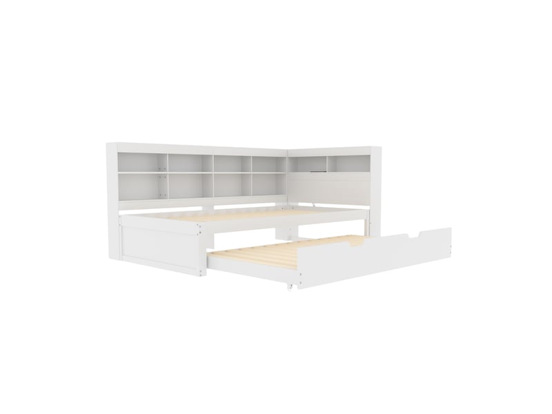  Lit gigogne 90x200 + 90x190 cm avec rangements et port usb, pin blanc, sans matelas  - Conforama A