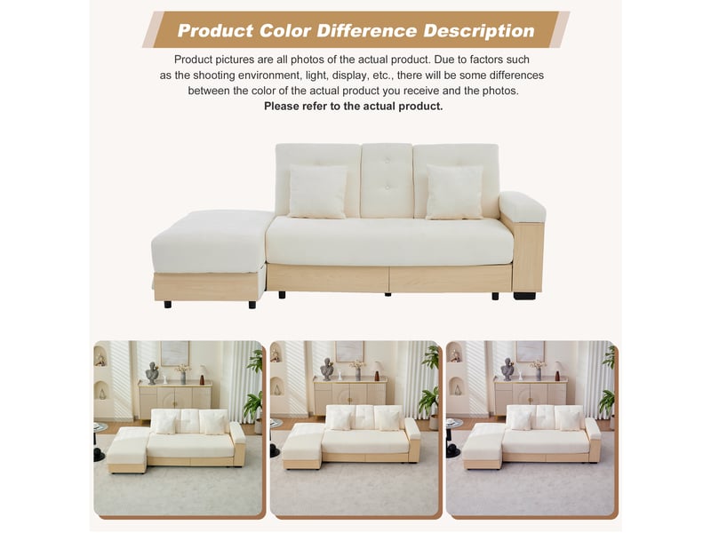  Canapé convertible 3 places, tissu chenille beige avec coffre de rangement, dossier réglable et tiroirs pour salon moderne, 217 cm  - Conforama D