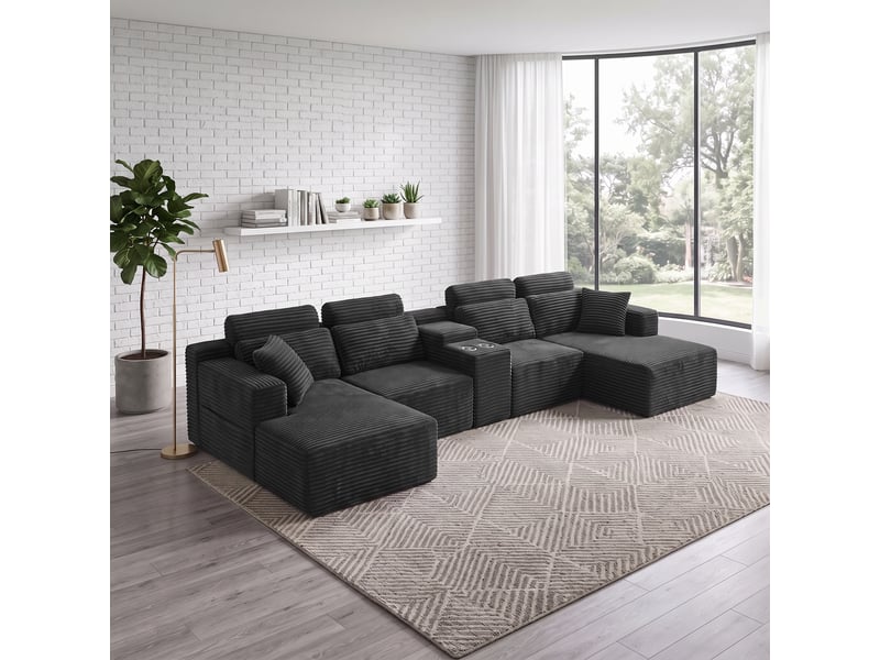 Canapé d’angle en u 6 places 372 x 151 x 80 cm, grand format modulable à assise moelleuse et porte-gobelets, mousse et velours côtelé, gris foncé OMNIGLINT TRADING LTD - Conforama B