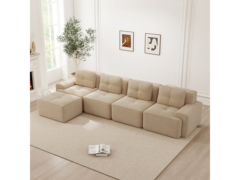  Canapé d'angle, canapé modulable, base antidérapante, sans cadre, sans montage, avec méridienne, en velours tricoté, 4 places, style cloud, beige  - Conforama C