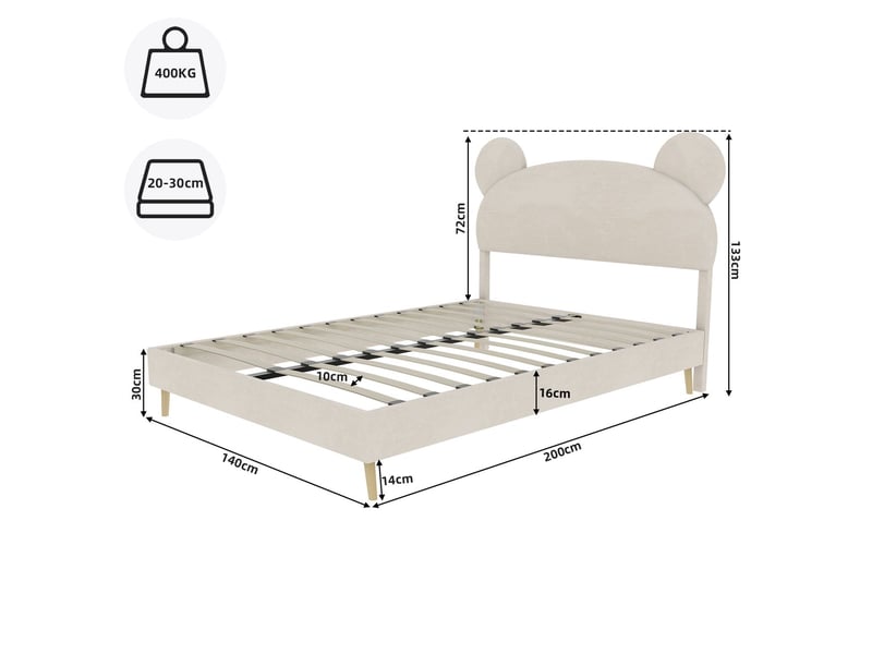  Lit rembourré 140x200 cm tête de lit ours - lit adulte - beige, cadre métal solide, design minimaliste, coins sécurisés  - Conforama C