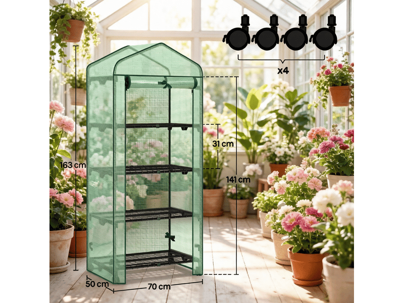  Serre de jardin 70x50x163 cm sur roulettes à 4 niveaux en maille métallique verte  - Conforama D