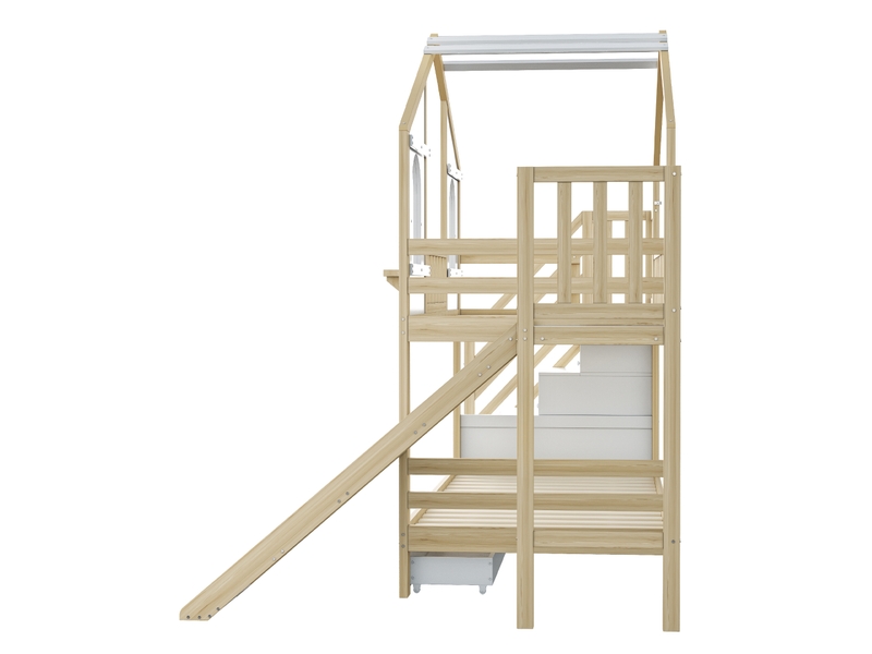  Lit superposé cabane 90x200 cm, toboggan, escalier avec rangement, 2 tiroirs, pin, contreplaqué et mdf, naturel et blanc  - Conforama E