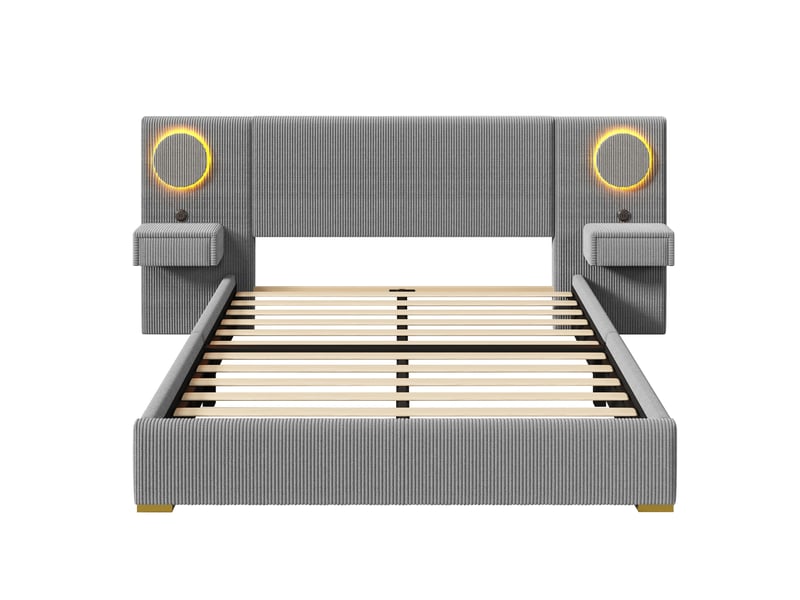  Lit pour adulte de 180 x 200 cm, avec tête de lit à led, port usb et table de chevet, en velours, gris  - Conforama A