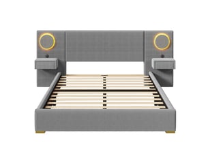 Lit pour adulte de 180 x 200 cm, avec tête de lit à led, port usb et table de chevet, en velours, gris