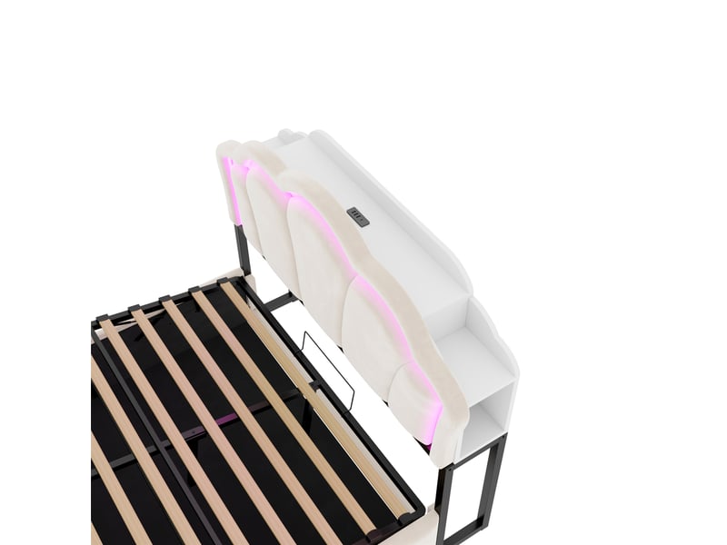  Lit coffre 140x200 cm - lit double rembourré avec coffre hydraulique, tête de lit avec rangements, led et prises - velours beige  - Conforama W
