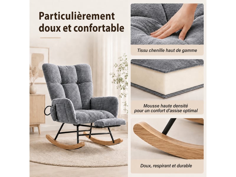  Chaise à bascule ergonomique en tissu chenille gris clair avec repose‑pieds rétractable, poche de rangement, structure métal et bois massif, charge 120 kg  - Conforama E