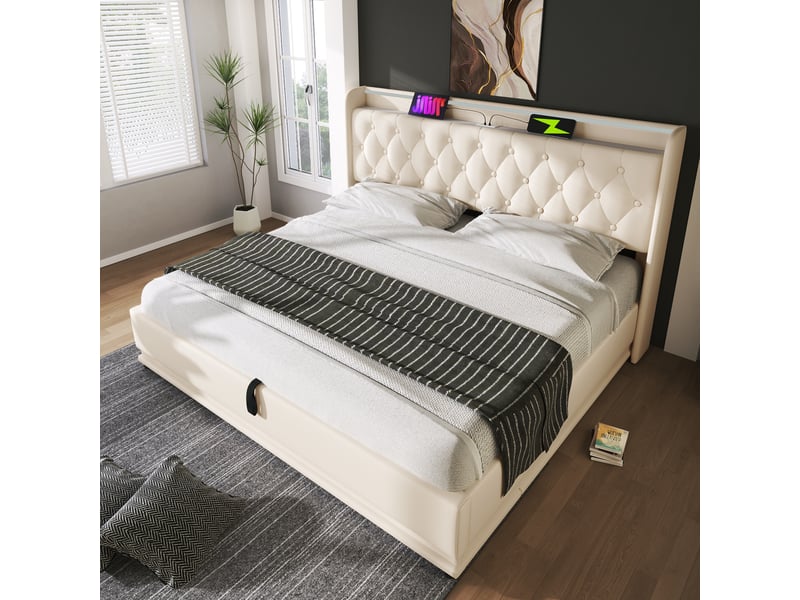 Lit double 160x200 cm simili cuir blanc – led 360, télécommande, coffre hydraulique et usb-c - Conforama B