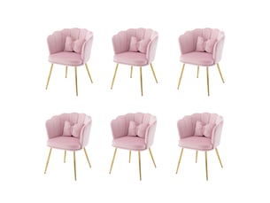 Lot de 6 chaises de salon, chaise rembourrée avec dossier en pétale, pieds en métal plaqué or et coussin papillon, rose, en velours