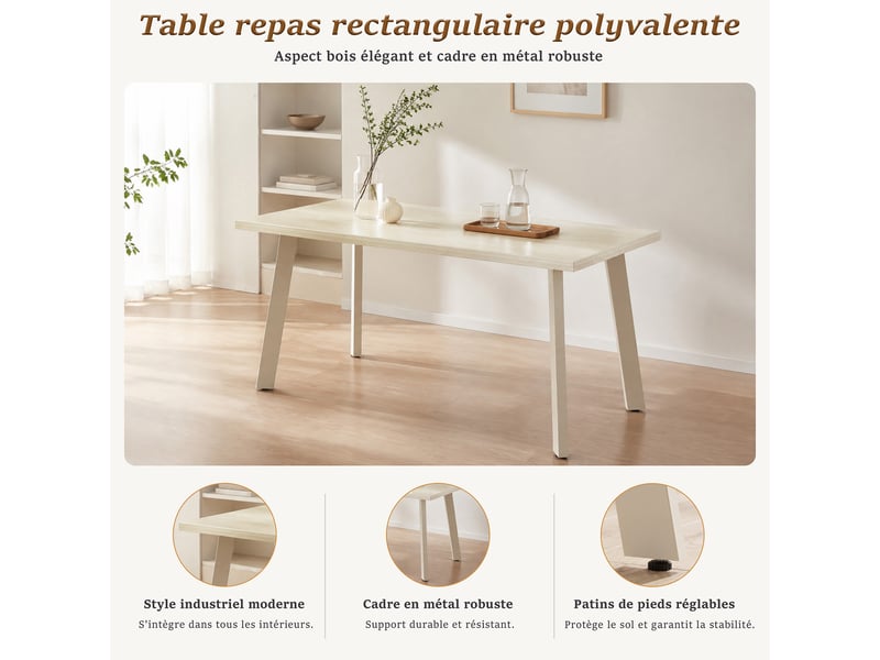 Ensemble table et 6 chaises - table rectangulaire 160x80 cm monobloc en travertin et pieds métal, 6 chaises en tissu beige et pieds en métal blanc - Conforama D