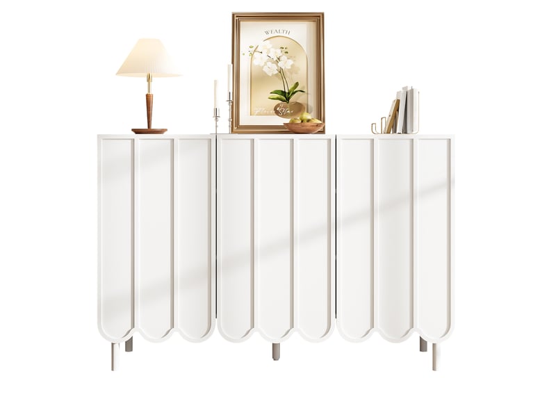  Buffet bas blanc avec portes ondulées, 120 x 35 x 80 cm, étagères réglables et ouverture sans poignée  - Conforama A
